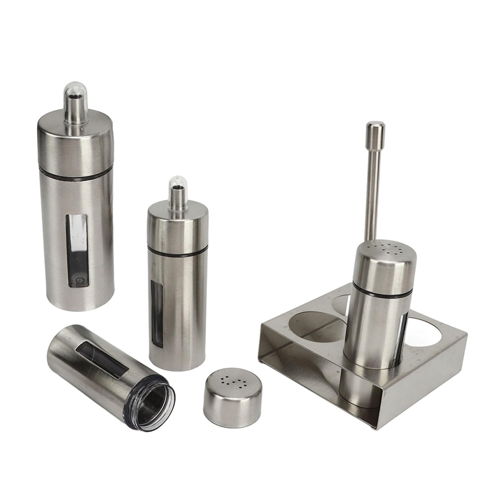 Nikou Set de Aceite y Vinagre, Salero y Pimentero, Acero Inoxidable Juego de 4 Botellas de Vinagre y Aceite, con Estante para Especias, Tarros de Especias para Cocina, Restaurante, Barbacoa