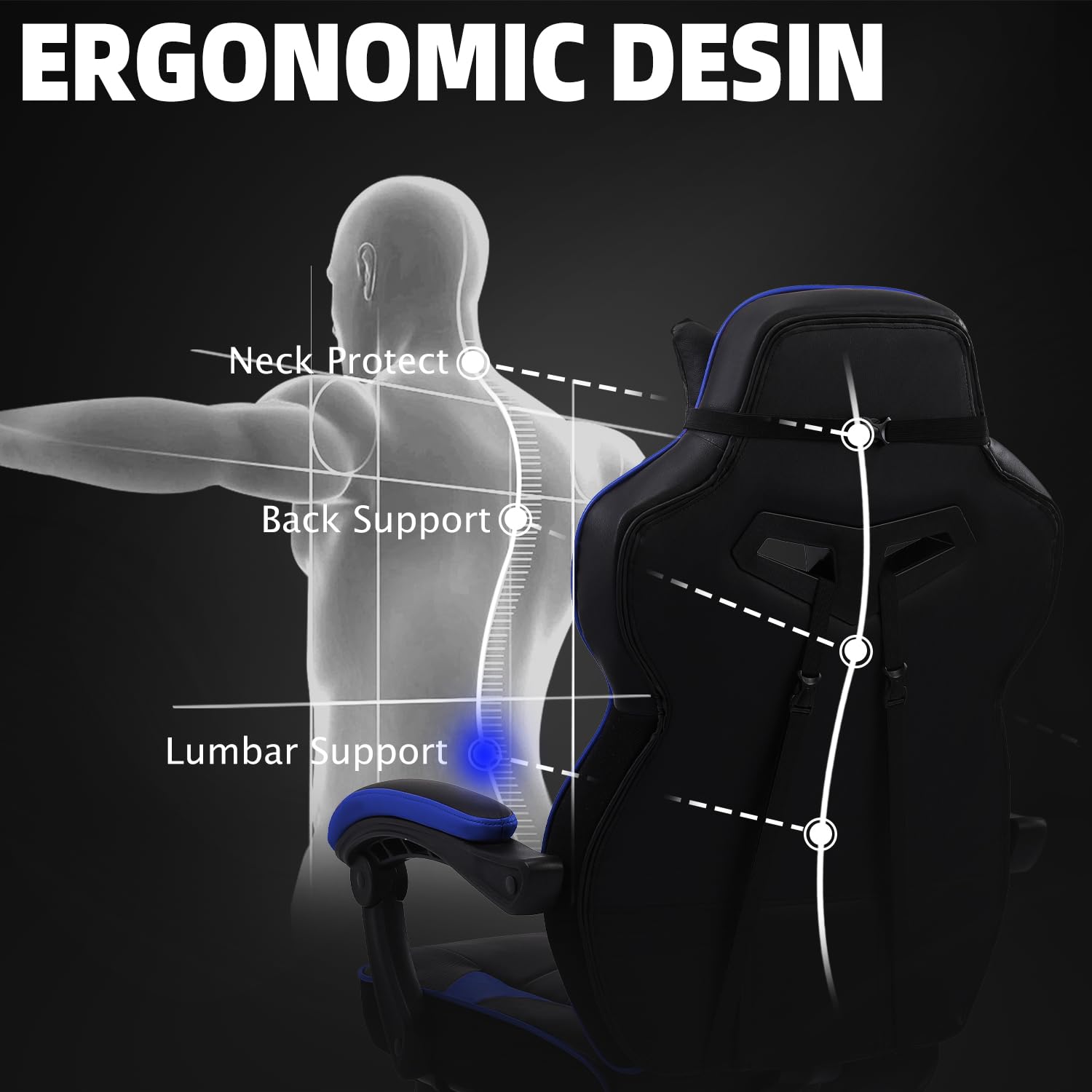 Vonesse Gaming Chair, High Back Gaming Chair with Footrest and Massage, Gaming Chairs for Adults with Pocket Spring Cushion, Big and Tall Reclining Computer Chair with Lumbar Support (): Blue/Black