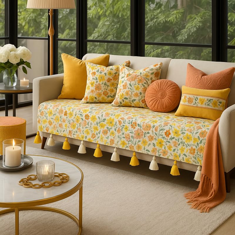 Floral Breeze Tassel Sofa Throw for 3 Seater|Anti-Slip Luxury Waterproof Sofa Cover with Tassels 3-Seater Fully Covered|ThrowPillow Sofacover 3Seater|Seat & Armrest Cover Set|Diwali Living Room Decor-image-45