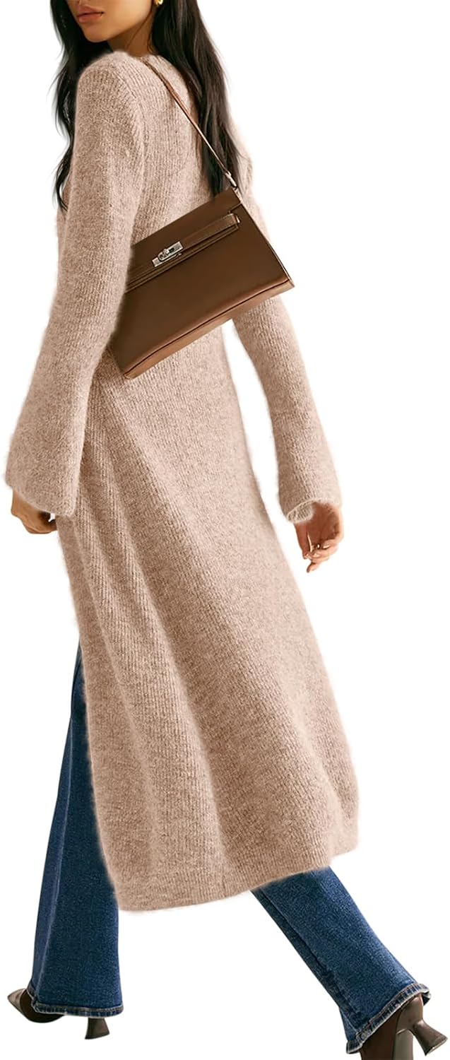 Womens V-Neck Button Maxi Cardigan Bell Long Sleeve Open Front Split Breasted Sweater Dress - Image 4
