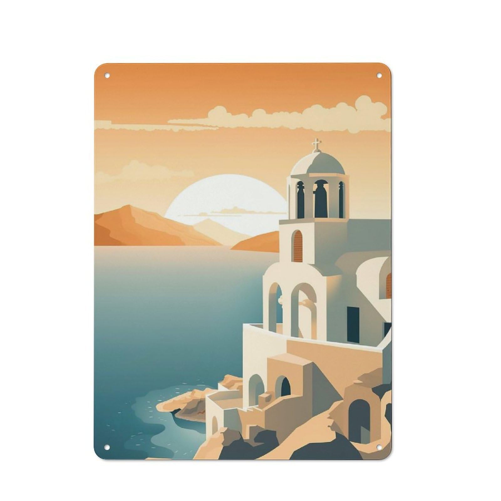 Junmoney Style-5 Old Style Santorini Landscape Decorative Tin Plaque 40X30cm, Bar Wall Plaque For Bar, Kitchen, Garage Or Games Room