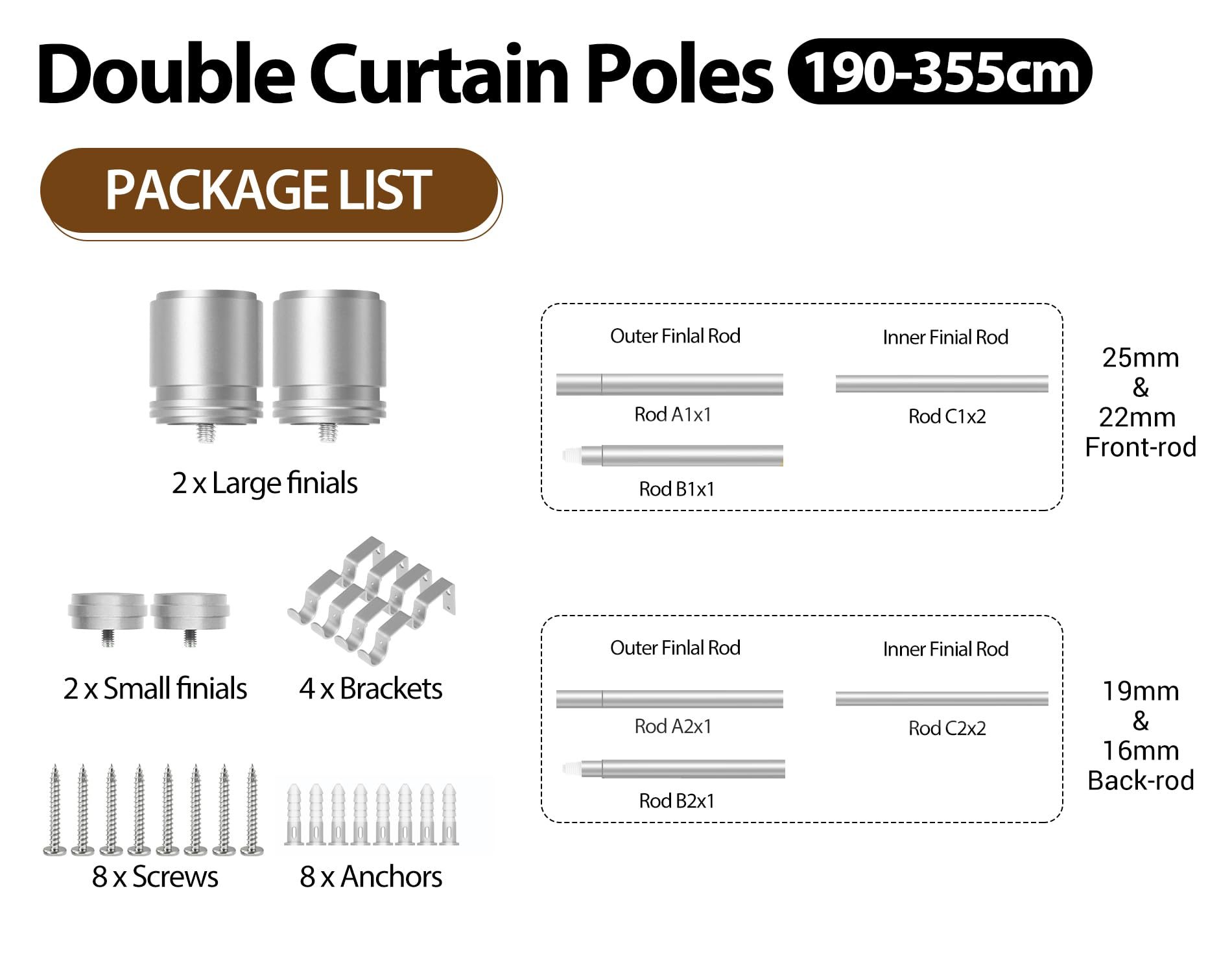 BOLITE Double Tringle Rideaux 190-355cm, Tringle Rideau Extensible Argentée | Diamètre 25 mm, métal robuste, fixation murale, installation facile, supports et accessoires inclus, pour salon et chambre