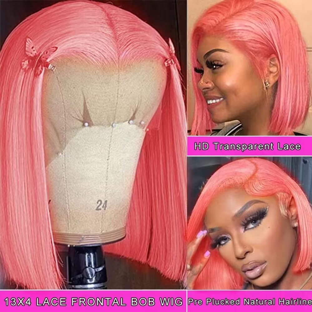 Amazon.com : Pink Bob HD Lace Front Wigs Human Hair 14 Inch  display picture 1