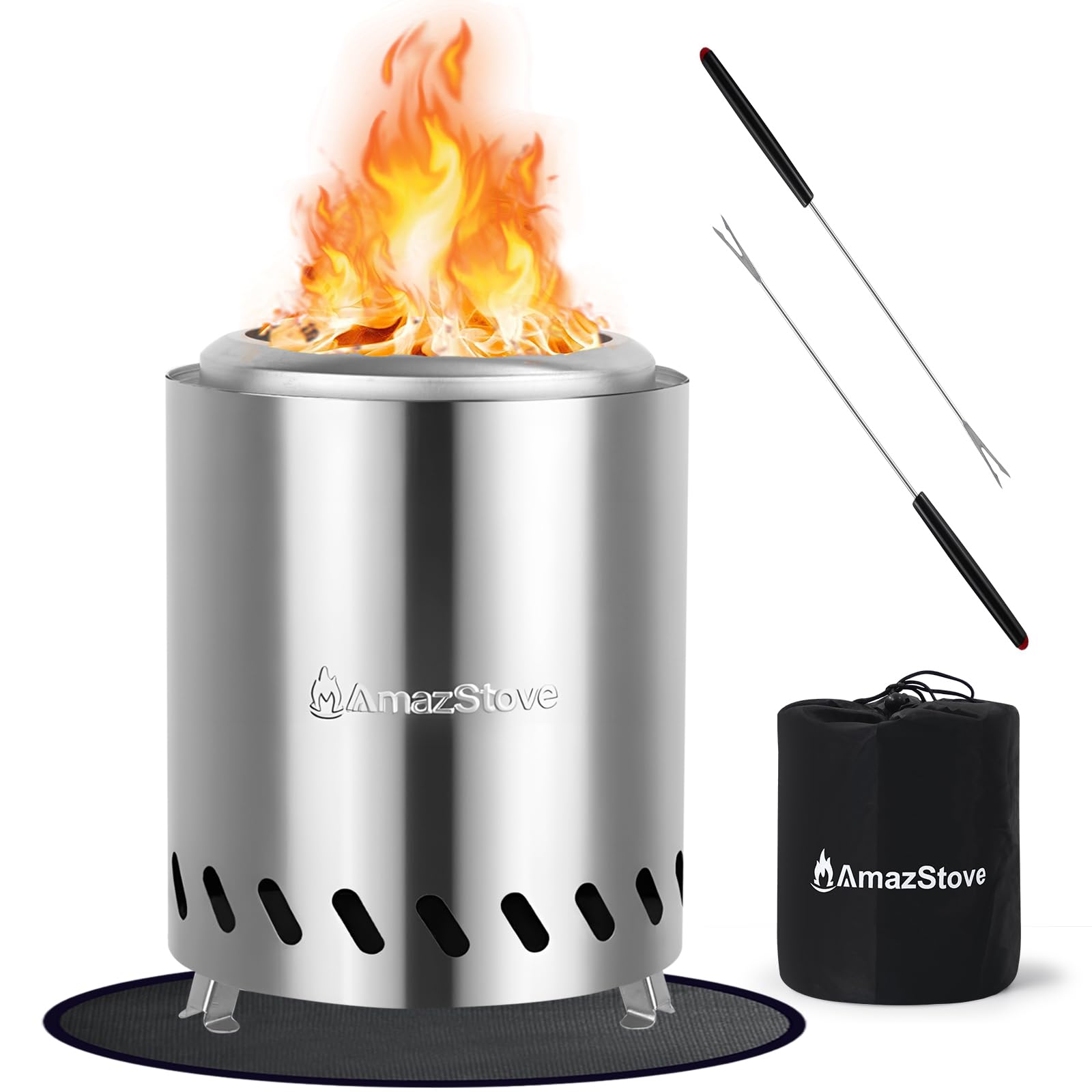 Tabletop Fire Pit by AmazStove, Low Smoke Camping Stove for Outdoor Safe Burning Firepits, Mini Fire Pit, Fueled Pellets or Wood, Travel Bag Included (8.0 x 5.8 INCH)
