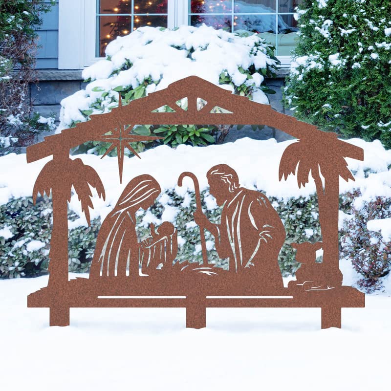 RealSteel - Nativity Scene - Outdoor Christmas Decorations - Metal O Holy Night Manger Scene - Mary, Joseph and Baby Jesus Lawn Decor - Star of Bethlehem Yard Stakes - Made in USA