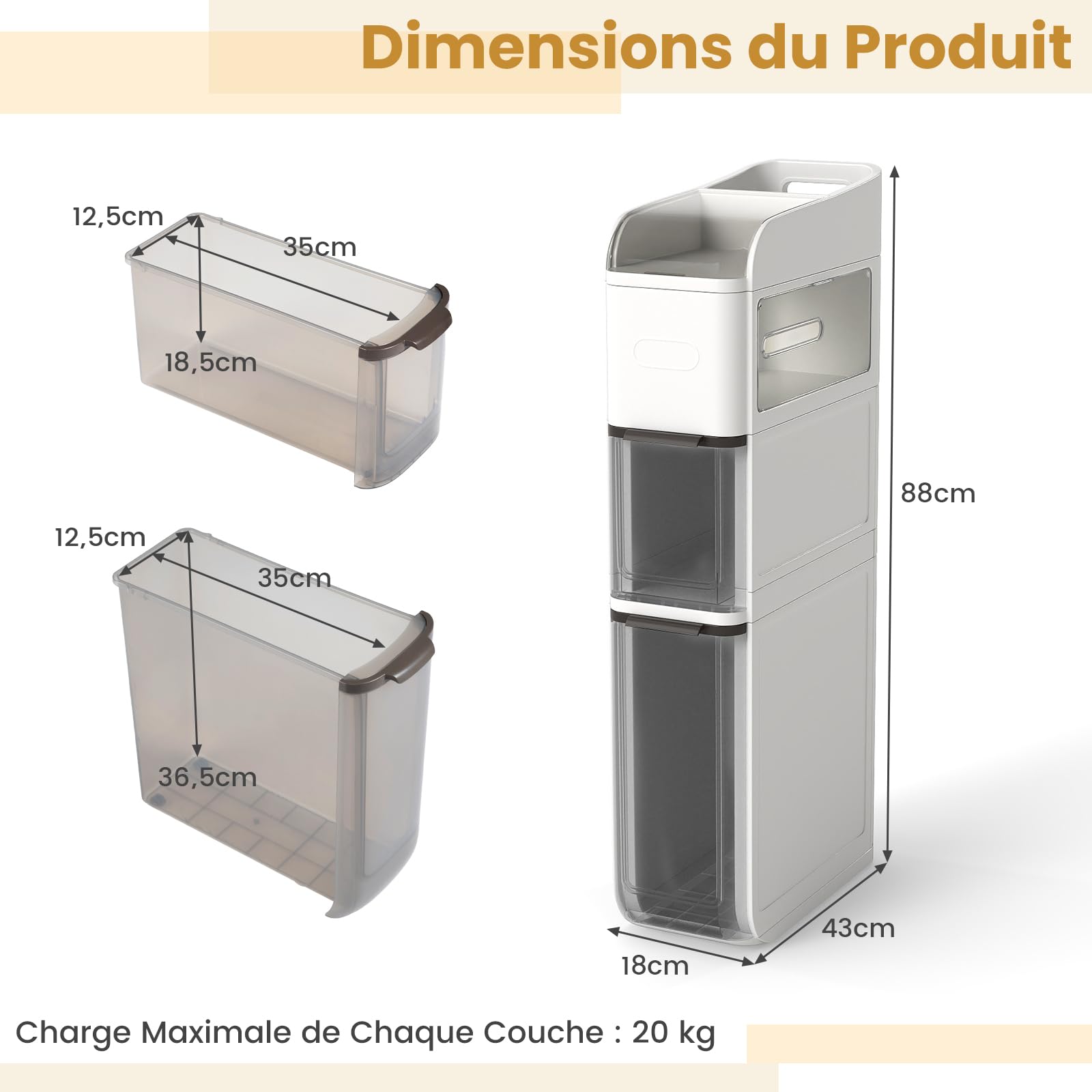 COSTWAY Meuble Salle de Bain Étroit à roulettes avec Tiroirs (Blanc)