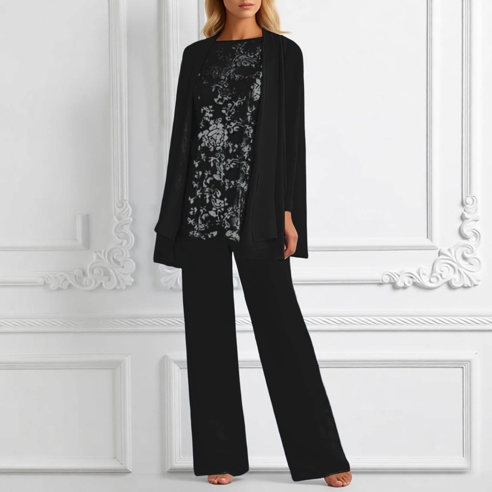 Elegante vestido de fiesta de dama de honor pantalones de manga larga gasa con estampado floral elegante y cómodo traje de invitados en tallas grandes versátil para bodas oficina