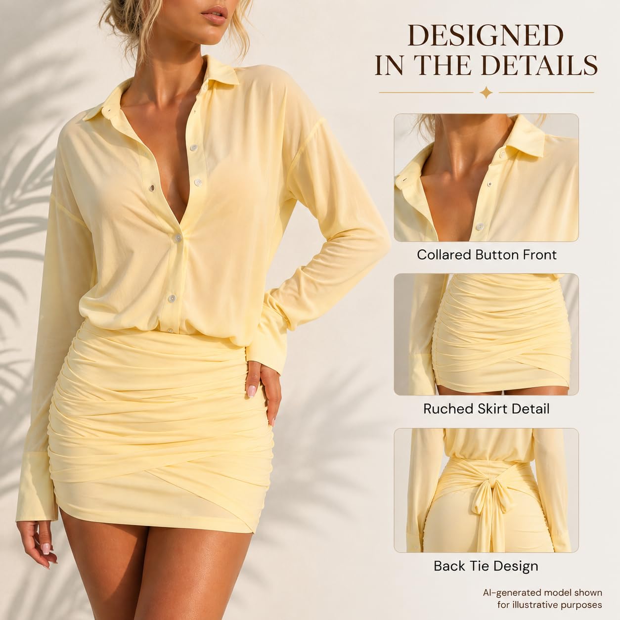 Vestido corto de manga larga para mujer, vestido camisero fruncido con botones
