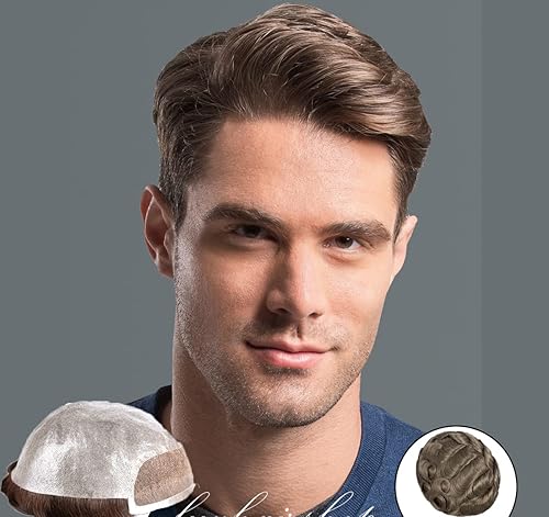 Amiable toupee para hombres piel fina suave PU con encaje frontal de 1.5 pulgadas 8 x 10 pulgadas, 0.002 in, cabello humano virgen europeo, piezas
