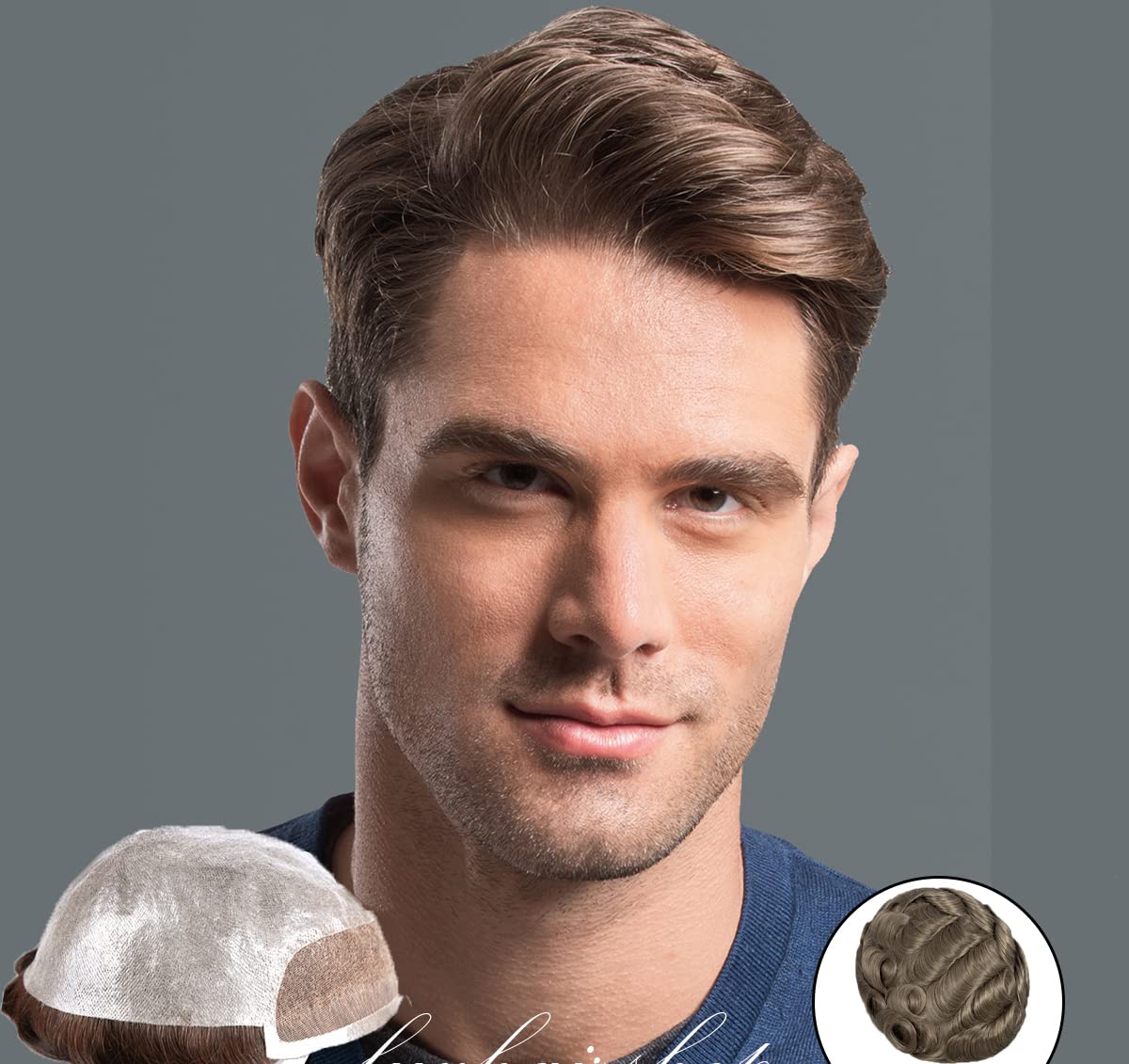 Amiabletoupee for men Soft Thin Skin PU with 1.5 Inch Lace frontal 8X10 inch 0.06mm Skin Cap, European Virgin human hair Men's Replacement Hairpieces mens hair piece(#7 Light Blonde)