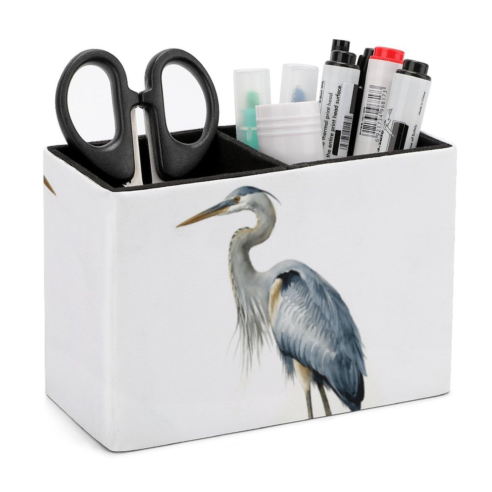 LZQPOEAS Exquisite Patterns PU Leather Pen Holder, Multifunctional Desktop Organizer Caddy with 2 Compartments, Long-beaked Heron Pencil Cup Makeup Brush Holder for Office Home