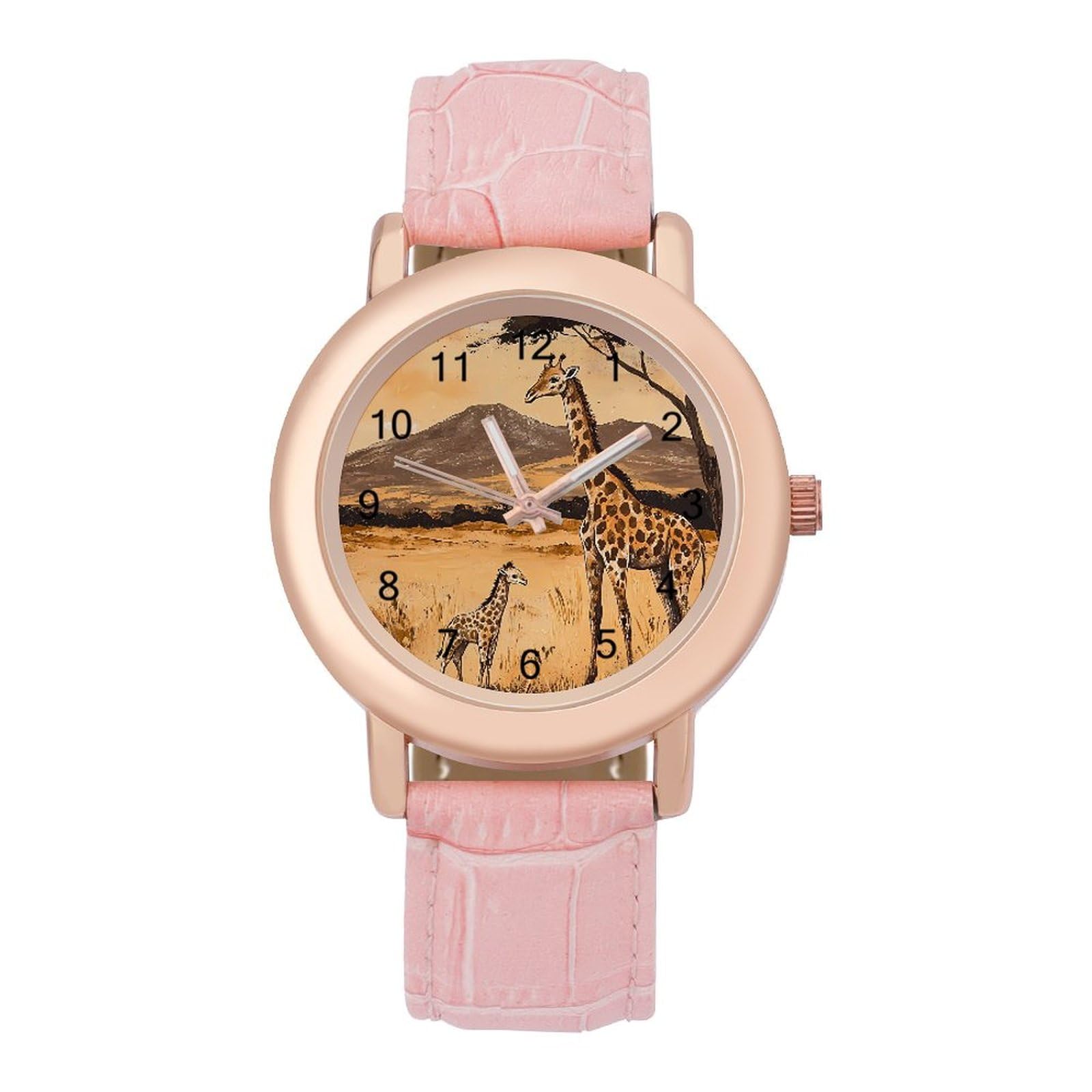 Giraffes Vintage Field Wrist Watches for Women Pink Leather Band Watch Fashion Three-Hand Watch Gift for Ladies
