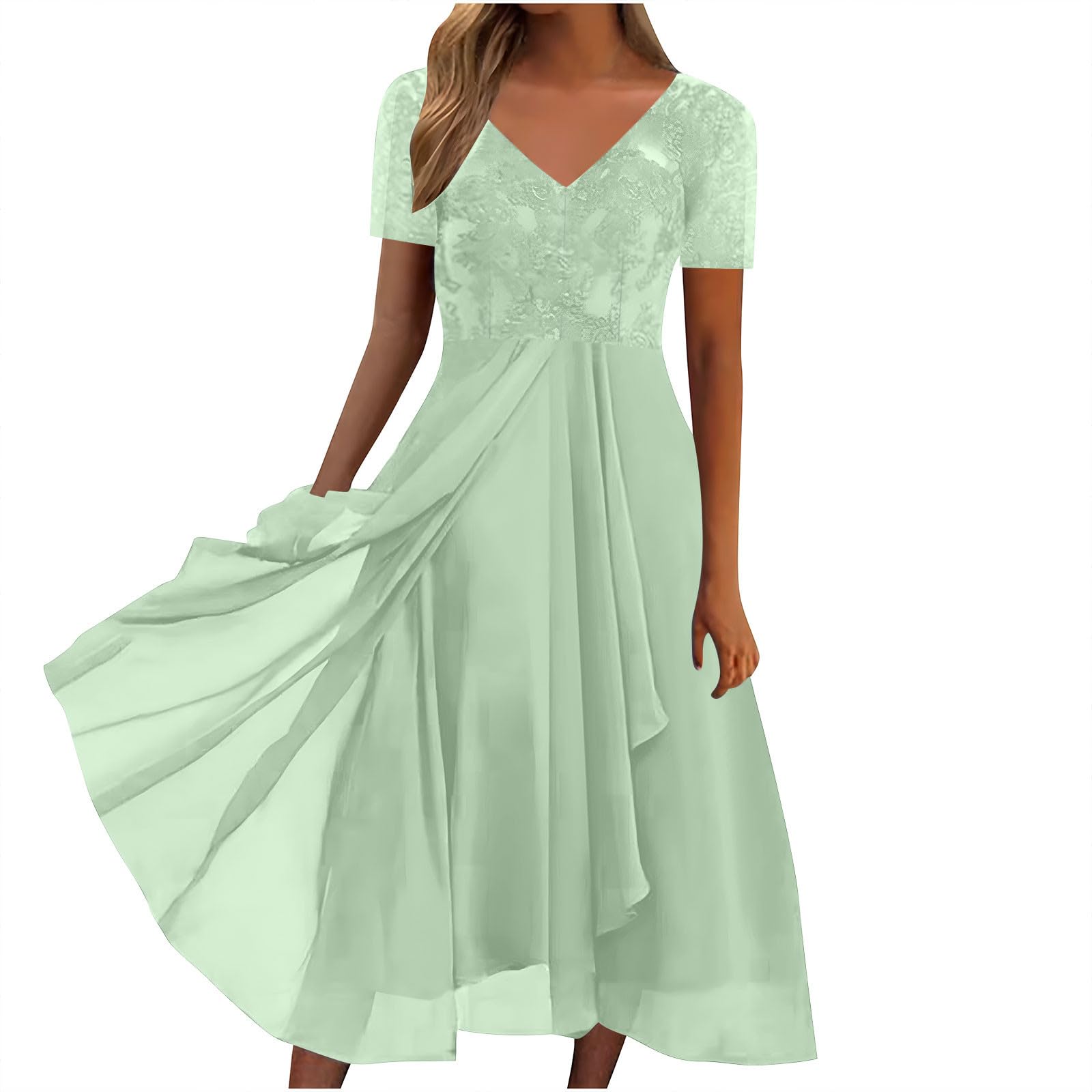 AMhomely Elegant Dress Women UK-Lace V Neck Cocktail Dresses,Plus Size Cap Sleeve Evening Gown,Ruffle Tiered Layers Dresses,Lace Patchwork V Neck A-line Dress,Holiday Vacation B Green 3XL