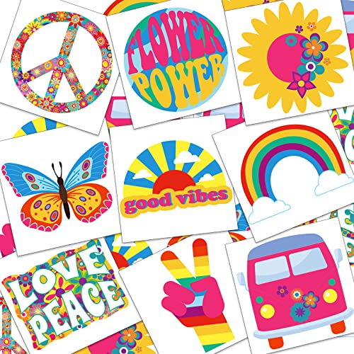 144 Pcs Groovy 70S Temporary Tattoos Kids Hippie Tattoos Butterfly Flower Love Peace Lucky Tattoos Rainbow Cartoon Waterproof Face Tattoos Sticker For Party Favor Decor, 9 Styles (Vivid Pattern) #TOP29