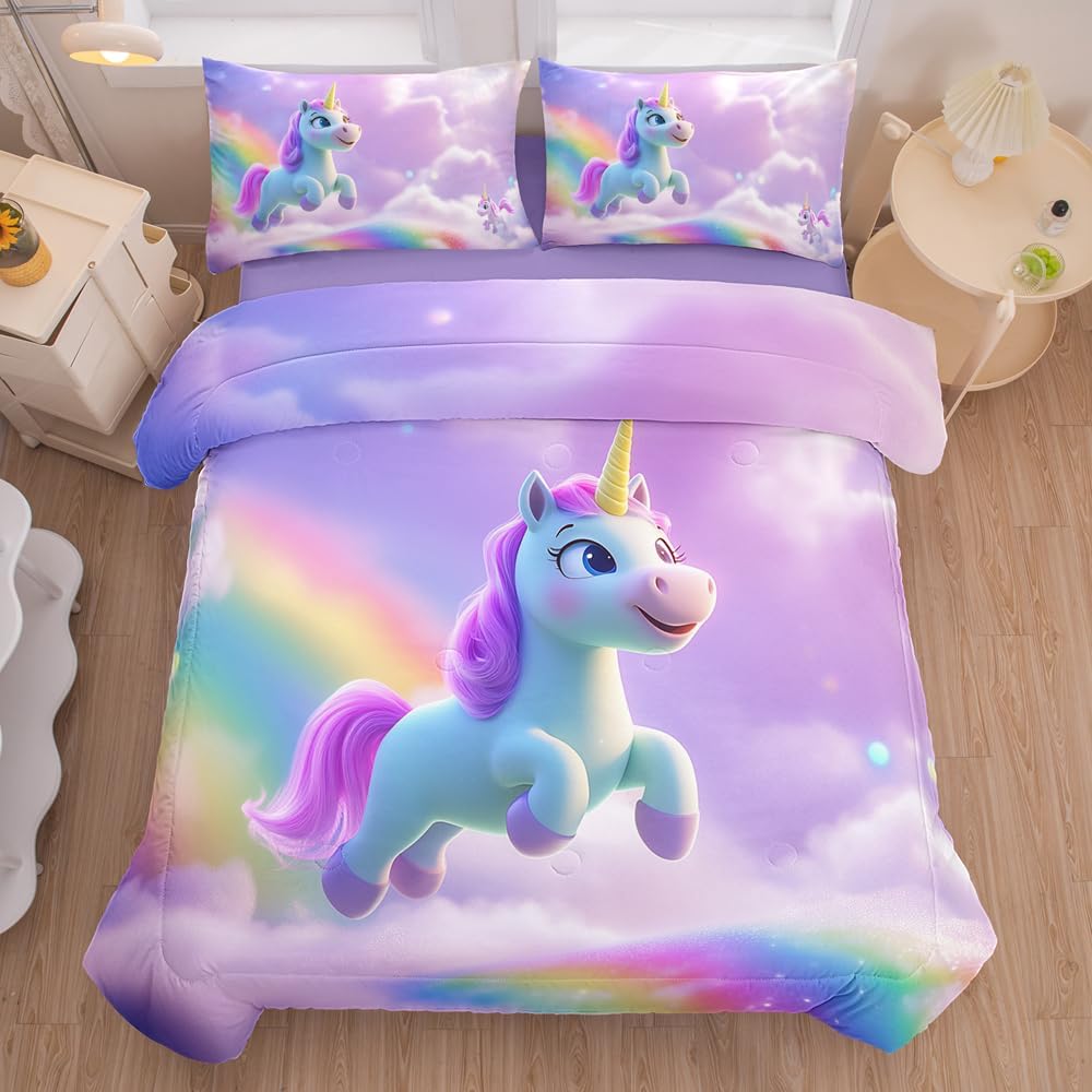 5PCS Girls Unicorn Comforter Sets Twin,Girls Rainbow Comforter Sets,Pink Cute Unicorn Bedding Sets for Girl,Twin Kawaii Comforter Set for Girl(Kids Bed Set with Sheets)