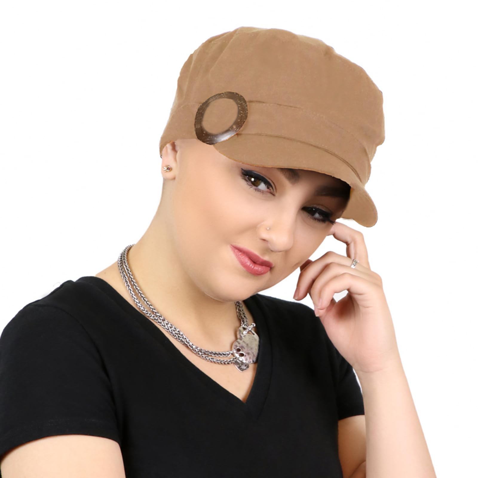 Full Coverage Chemo Newsboy Cadet Hat Sun Protection UPF 50+ for Small Heads Linen Military Cadet Hat for Women Chemo Headwear 50+ UPF  main image 3