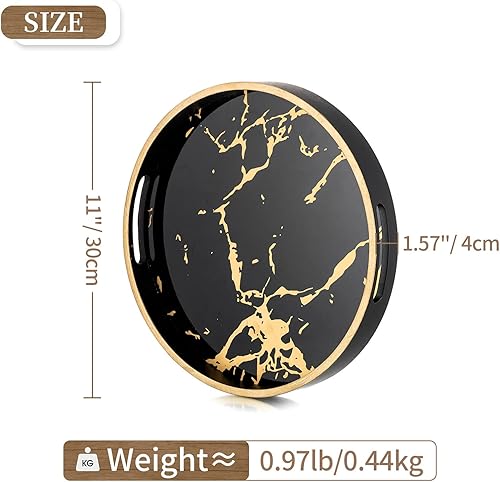 Miniatura 7 de Hanobe Bandeja redonda decorativa para café Bandeja circular de mármol negro con asas, bandejas de mesa para sala de estar, bebida, fiesta, hogar,