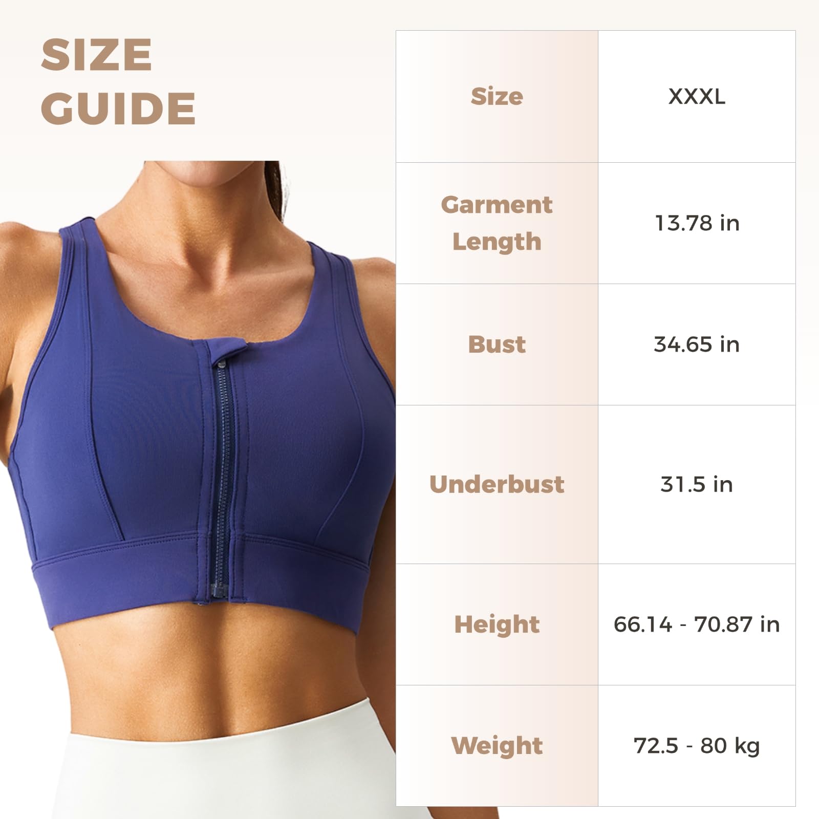 Biustonosz sportowy z zamkiem błyskawicznym z przodu dla kobiet, duży rozmiar, wysoce elastyczny nylon + spandex, bezszwowy, szerokie paski dla wygody, do XXL, NIEBIESKI, 3XL