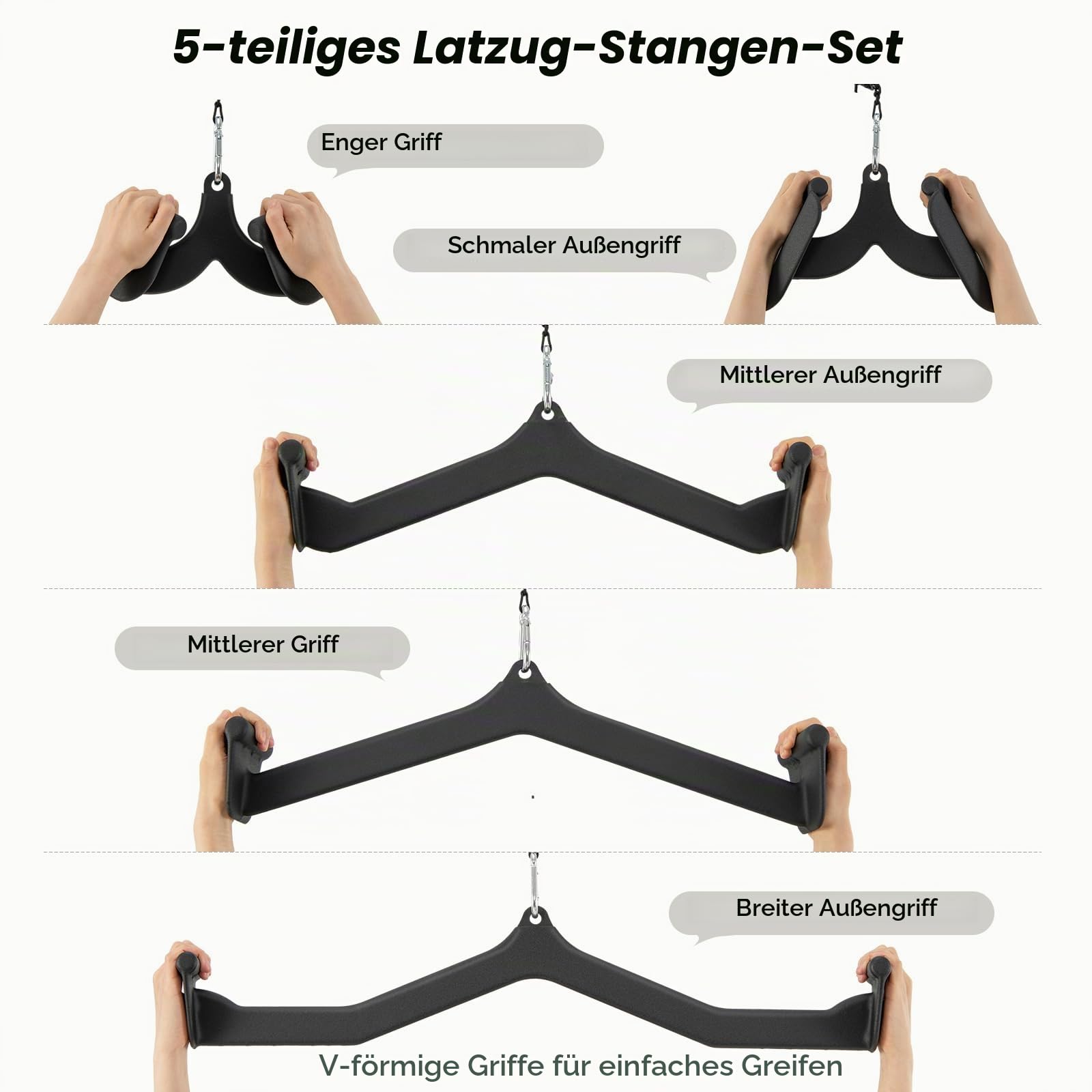 KOMFOTTEU 5-teiliges Rudergriff Set, Kabelmaschine Griffe mit Gummi LAT für Rückenkrafttraing, V Form Pull-Down Kabelzuggriff , Handgriff Latzuggriff für Bizeps & Trizeps Training
