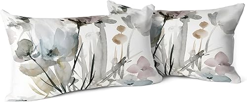 Snycler Juego de 2 fundas de almohada de color marrón, crema, gris, verde azulado, floral, acuarela, para sofá, rústico, abstracto, moderno,