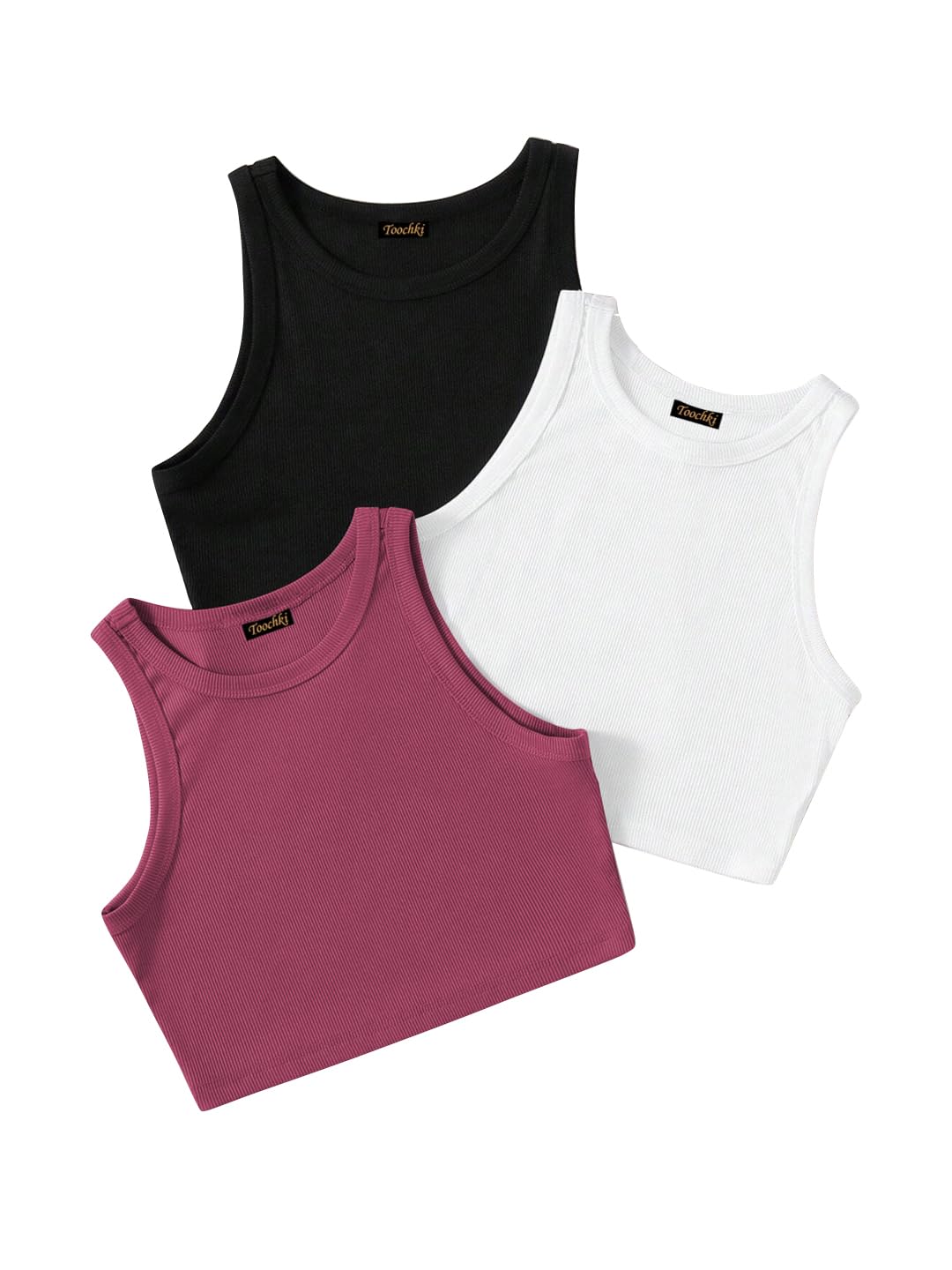toochki Tops for Woman | Lycra Top | Crop | Short | Western | for Jeans | Sleeveless | Stretchable | Pack of Three | Black-White-Dark Pink-picture-40