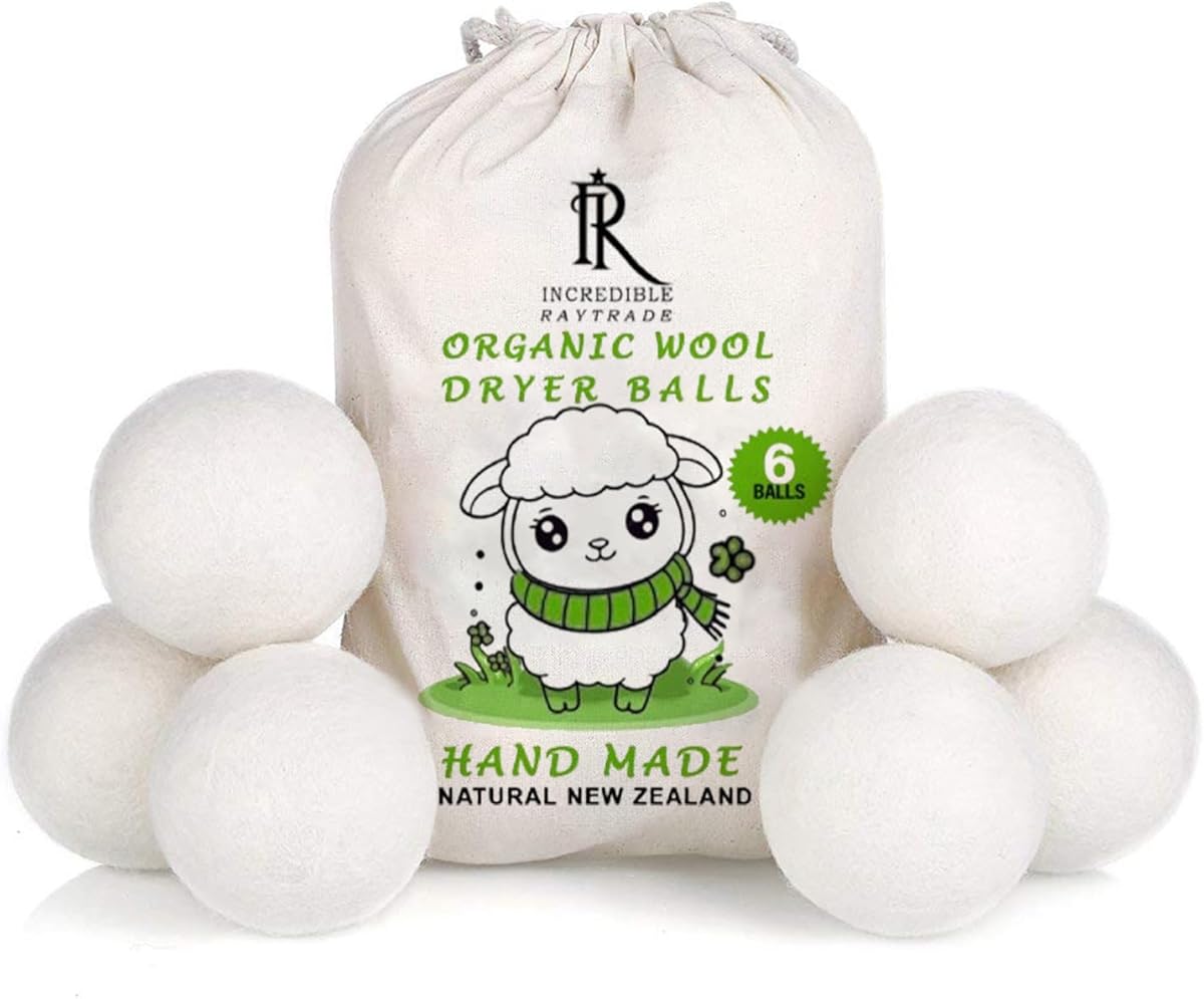 RAYTRADE XL Wool Dryer Balls 6-Pack 100% Made of Organic New Zealand Wool Reduces Clothing Wrinkles and Saves Drying Time Reusable Natural Fabric Softener Stocking Stuffer Gifts (White)