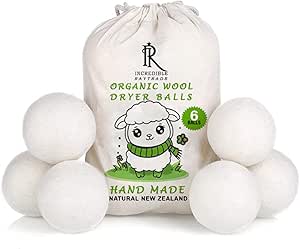 RAYTRADE XL Wool Dryer Balls 6-Pack 100% Made of Organic New Zealand Wool Reduces Clothing Wrinkles and Saves Drying Time Reusable Natural Fabric Softener Stocking Stuffer Gifts (White)