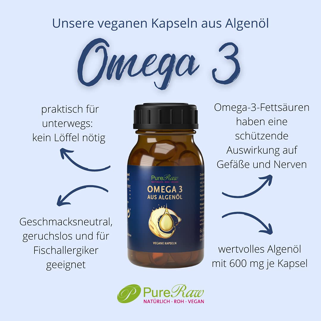 Algenöl Omega 3 Kapseln Vegan Pflanzlich - Algen Öl Essentielle Fettsäuren 604mg Omega3 pro Tag, 140mg EPA, 420mg DHA - Rein & Kontrolliert - Algae Oil Capsules | PureRaw 60 Kapseln