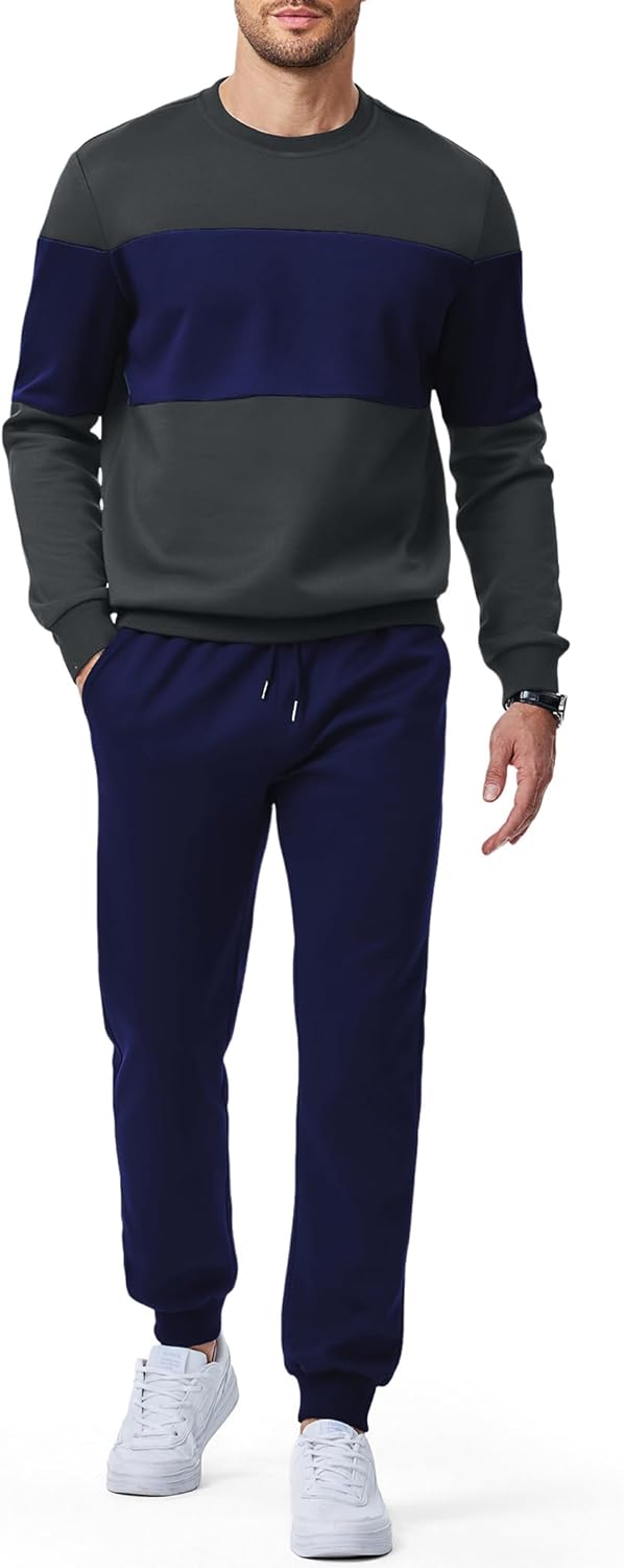 Men's 2 Piece Sweatsuits Outfits Casual Crewneck Color Block Sweatshirt Joggers Sweatpants Set Tracksuit