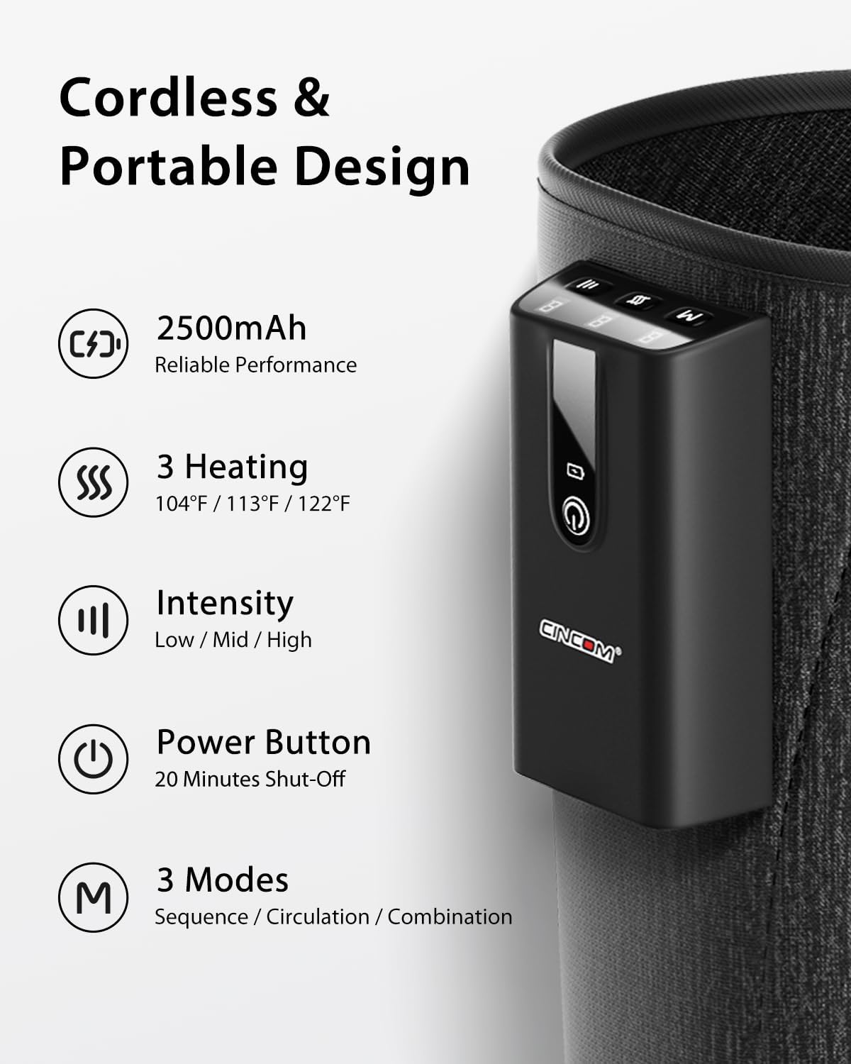 CINCOM Leg Massager with Heat and Air Compression, Cordless Calf Massager for Circulation and Pain Relief, Rechargeable Leg Compression for Edema Relief - Image 5