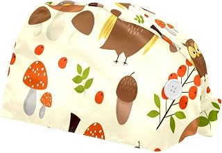 2 Pieces Working Hat with Buttons Adjustable Sweatband Bouffant Hats Unisex Tie Back Hats Forest Owl Birds Mushroom