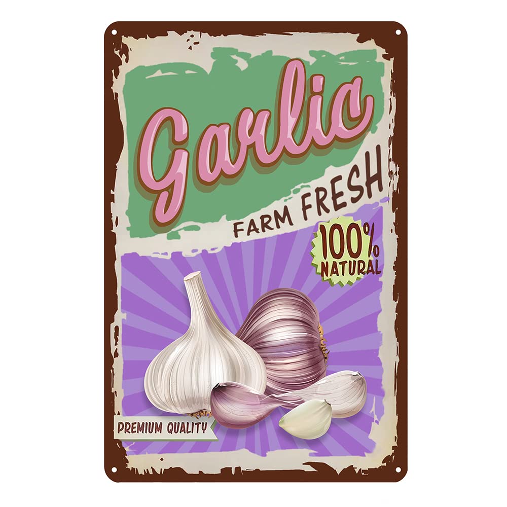 SMAZDFXX Vintage Vegetable Garlic Tin Signs Kitchen Metal Signs Garden Wall Decor Farm Fresh Wall Signs 12"x16"