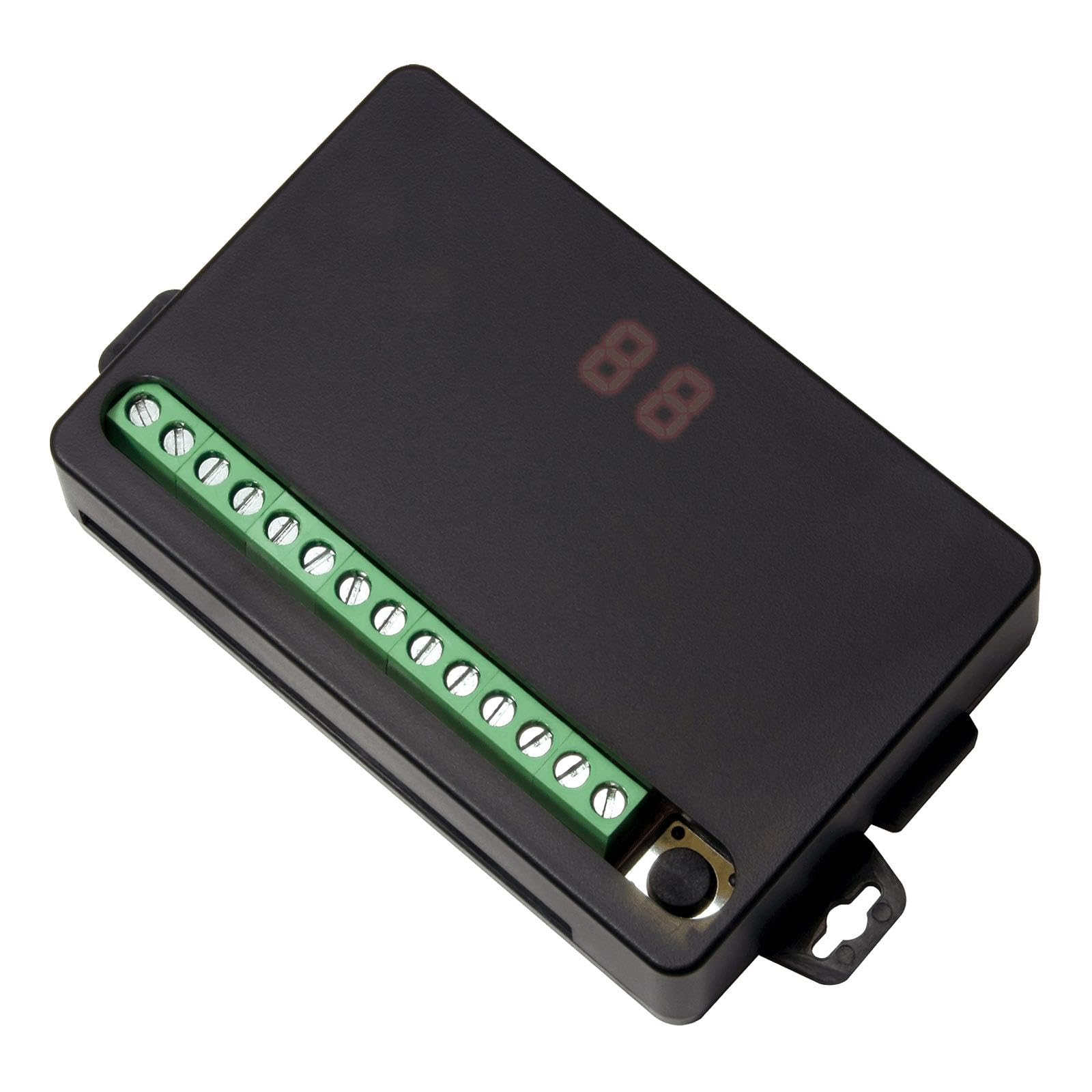 Seco-LarmSK-910RD4 Enforcer 4-Channel RF Receiver; 5 Programmable Relay Output Modes; Range Up to 500ft; Alphanumeric Display; Pushbutton Programming