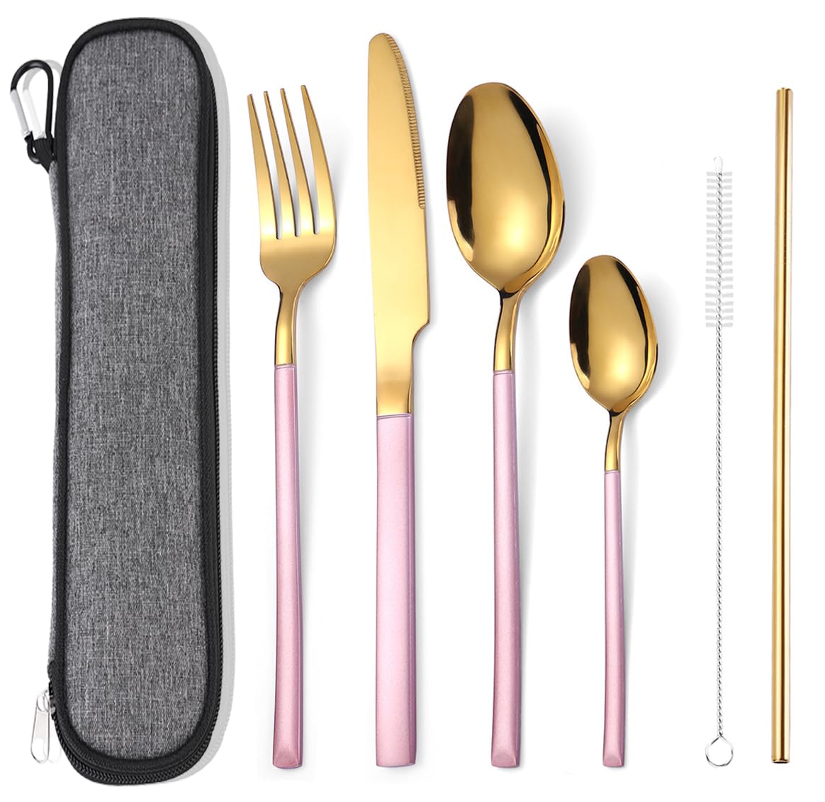 AARAINBOW Portable Cutlery Set for 1 Person, Stainless Steel Knife Fork Spoon Straw Set. 6-Piece Flatware Set with Bag, Suitable for Travel Camping Work, Dishwasher Safe, Pink Gold