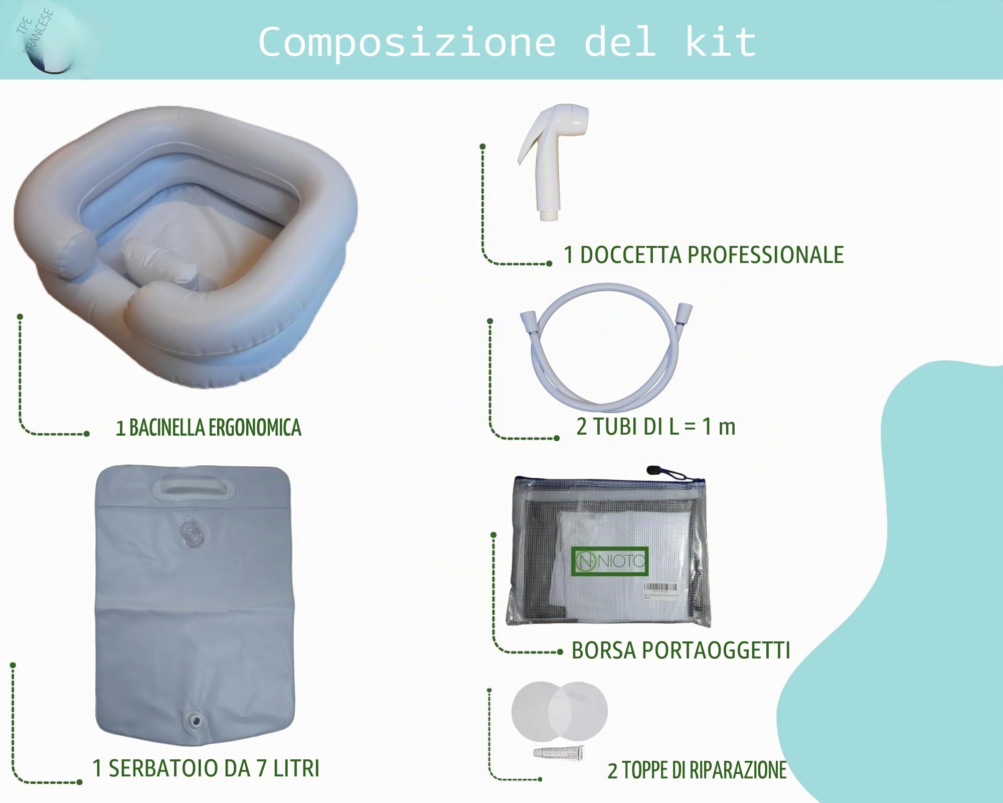 Lavatesta Gonfiabile per Lavaggio Capelli con cuscino integrato, serbatoio e doccetta. Lavatesta Portatile - Lavandino Portatile Gonfiabile per persona a letto, disabili o anziani, per fare shampoo