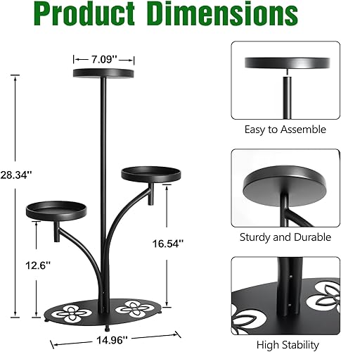 Miniatura 2 de Soporte para plantas de interior de 3 niveles negro, soporte alto de metal para plantas, base resistente en forma de trébol de cuatro hojas, estante