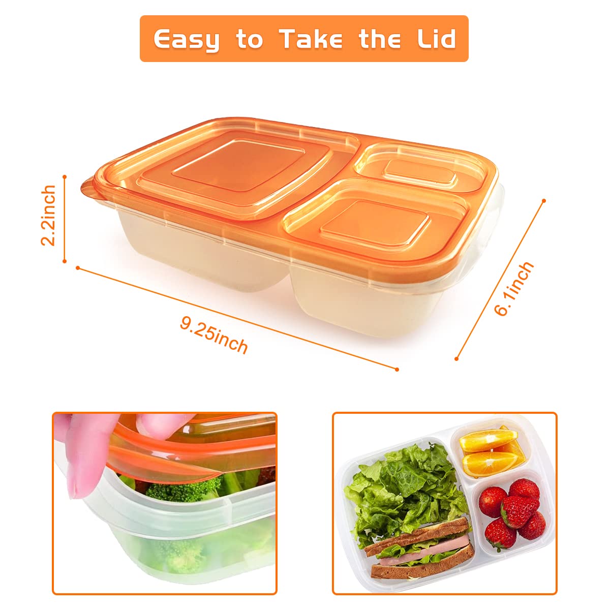 3仕切り弁当箱　７個セット Amazon｜お弁当箱 カラフルな透明四角弁当箱 3つの仕切りのあるランチ 弁当箱・水筒