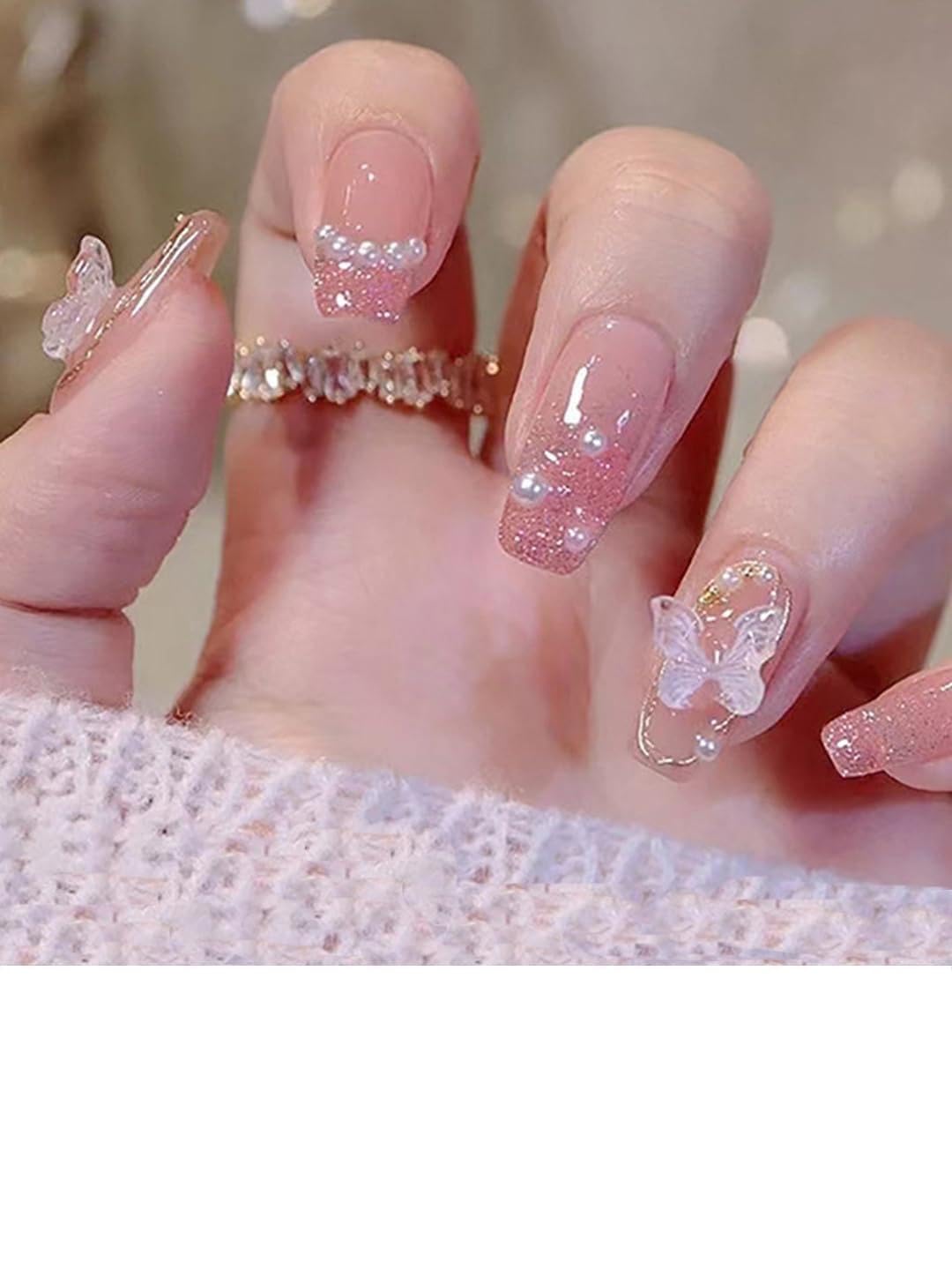 acrylic translucent press on nails artifical designer 3D white bow & pearl with pink glitter color nails extension 12 pieces combo set with kit beautiful fake false nails(Nail Art Pack of- 1)-picture-22