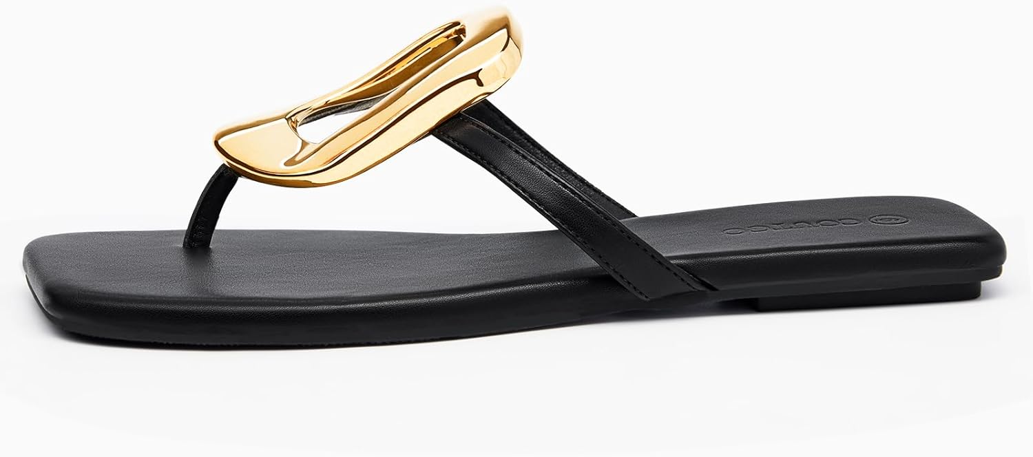 Coutgo Womens Flat Sandals Flip Flops Comfortable Slide Sandals Summer Beach Shoes with Metal Decoration - Image 4