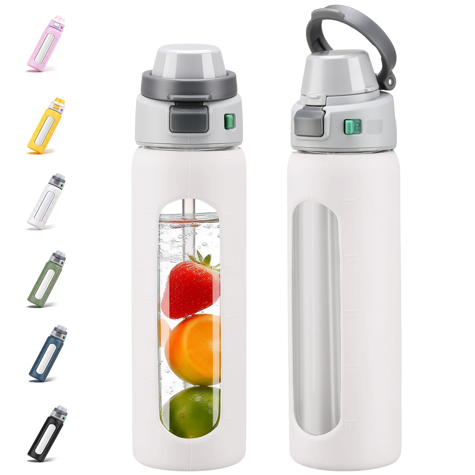 BLUEGO 2-in-1 Borosilikatglas Trinkflasche mit Strohhalm für Sport und Reisen, Trinkflasche 700ml mit Silikonhülle, Auslaufsicher, BPA-frei, Weiß