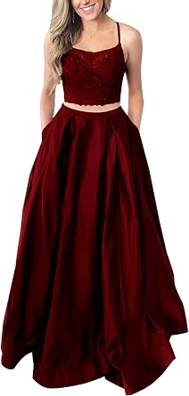 Womens Beaded Two Piece Prom Dresses Long Satin A-Line Formal Evening Gowns Party Dress
