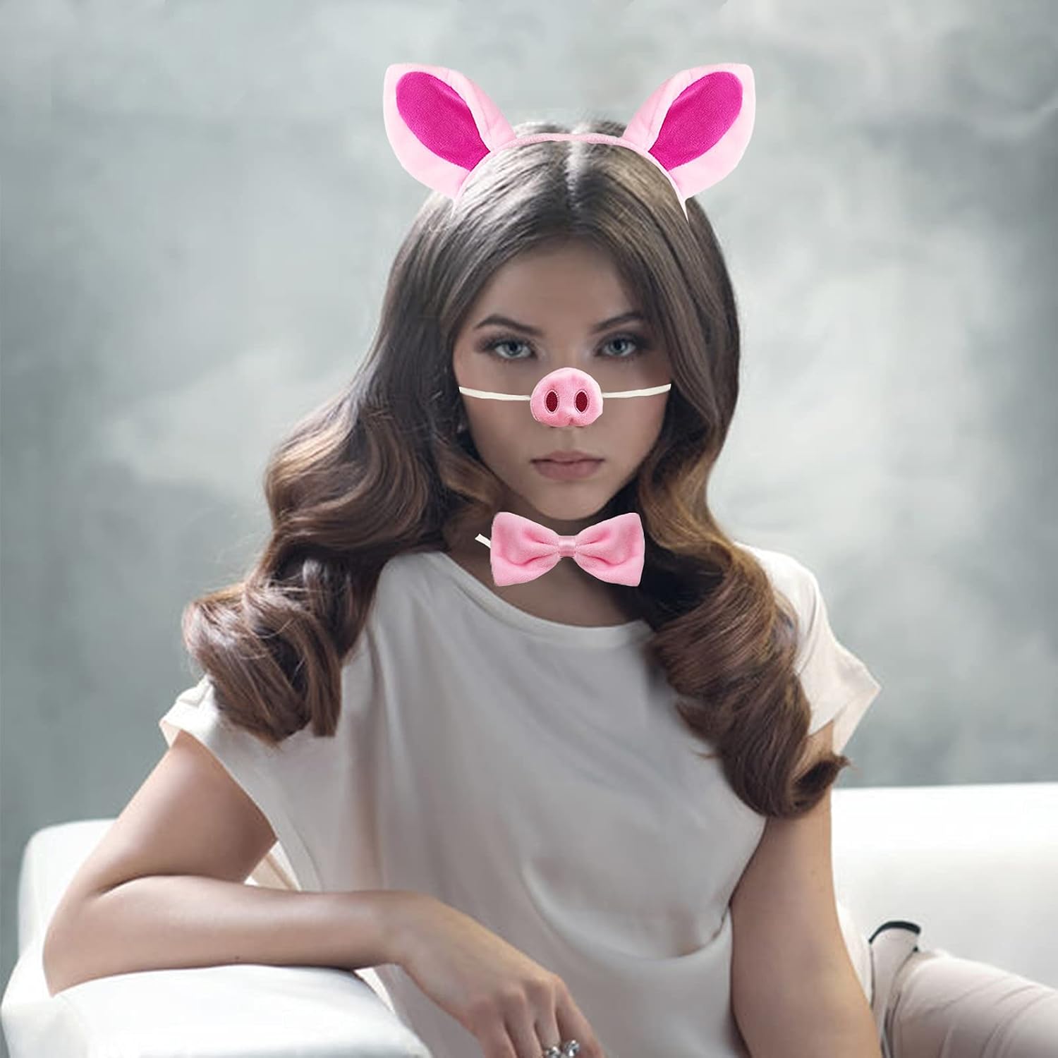 YAXAMING Halloween Pig Ears Headband Nose Bow Tie Tail Pink Pig Hair Hoops Bands Bowtie Animal Headpiece Hairband Women Christmas Holiday Festival Parade Cosplay Dress Up Birthday Party Accessories image 2