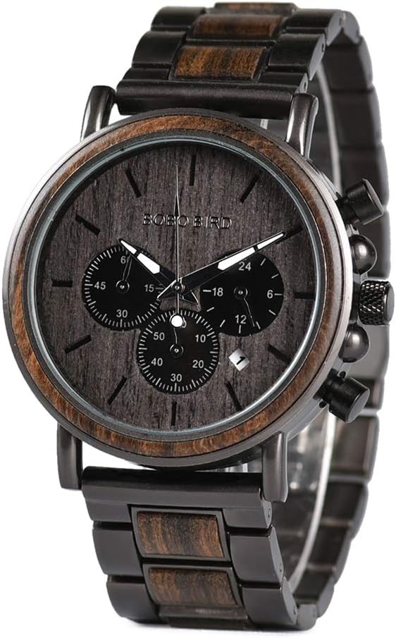 Mens Watches Wooden Quartz Movement Stainless Steel Chronograph Date Business Casual Wristwatch for Man