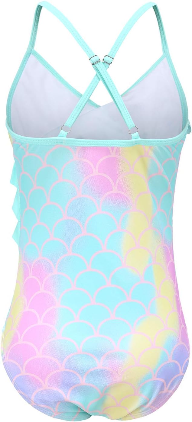Big Girls One Piece Swimsuits Mermaid Ruffle Bathing Suits Adjustable Straps Swimsuit Size 12/10-12