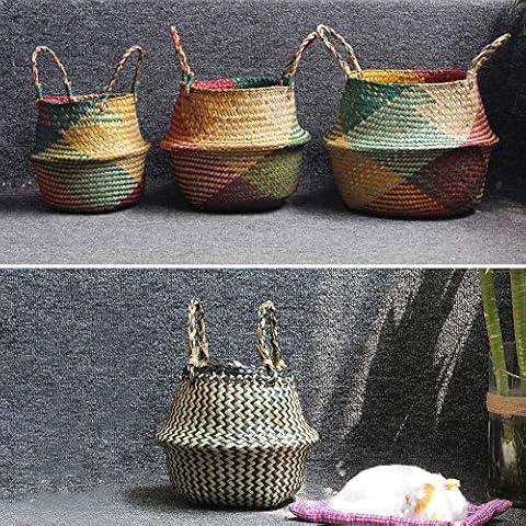 FOReverweihuajz Straw Wicker Plant Basket - Hand Woven Belly Basket with Handles, Extra Large Storage Laundry, Picnic, Plant Pot, Home Decor and Woven Straw Beach Bag Black XL Cover