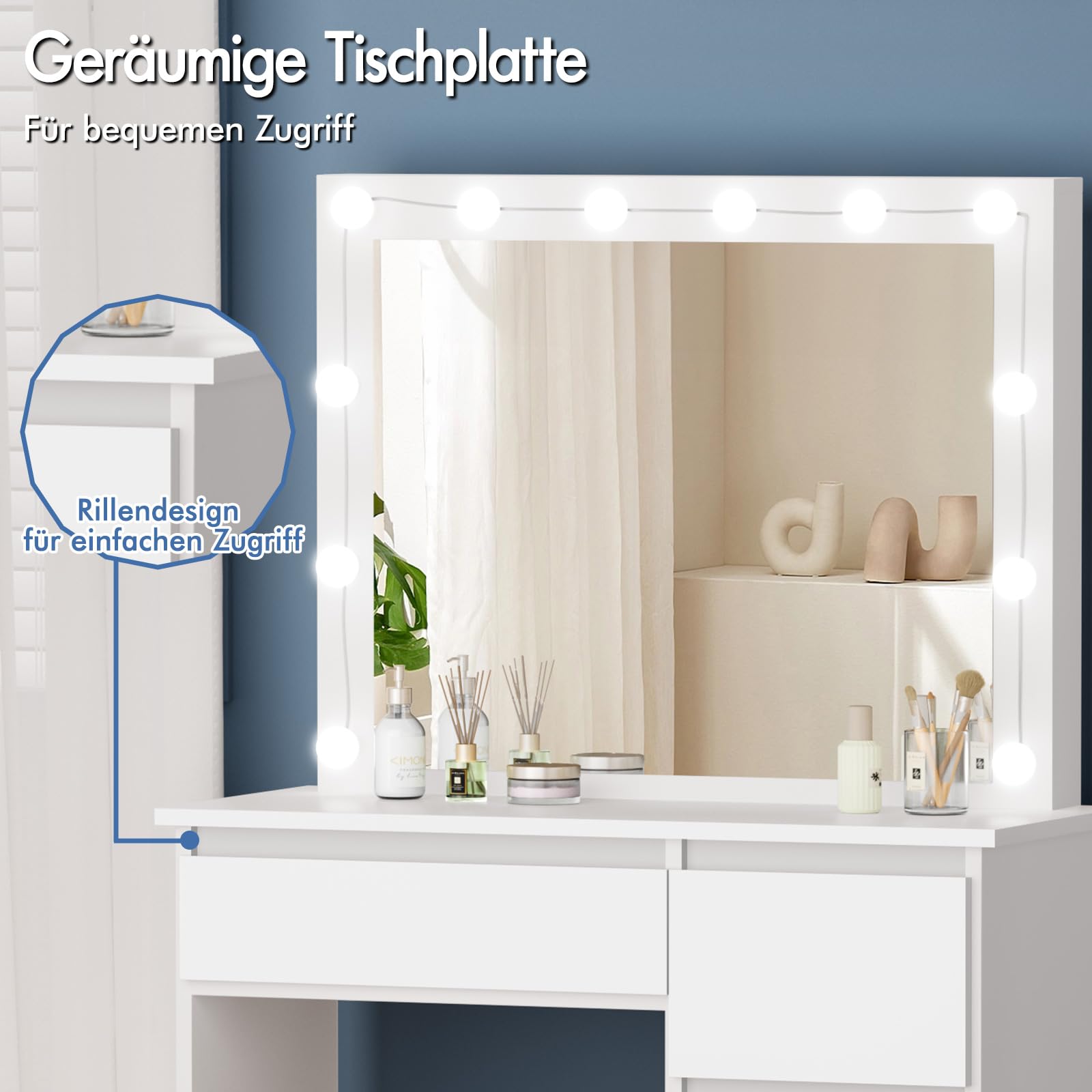 ALFORDSON Schminktisch Spiegel, Makeup Vanity 4 Schubladen und Aufbewahrungshocker, 90 cm Lange Schreibtischplatte, verstellbare LED-Leuchten, Schlafzimmer-Frisiertisch Frauen Mädchen,Weiß