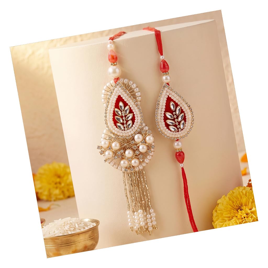 tied ribbons Rakhi for Brother and Bhabhi - Traditional Set of 2 for Bhai Bhabhi with Roli Chawal - Hanging Lumba Rakhi for Rakshabandhan Couple-picture-27