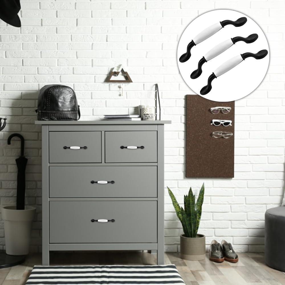 WMYCONGCONG 8 PCS 5"/128mm Centers Ceramic Cabinet Pull Spoon Foot Cabinet Handle and Drawer Pulls Black White Knob Hardware Handle for Kitchen Cabinets Cupboard Dresser (Pack of 2)