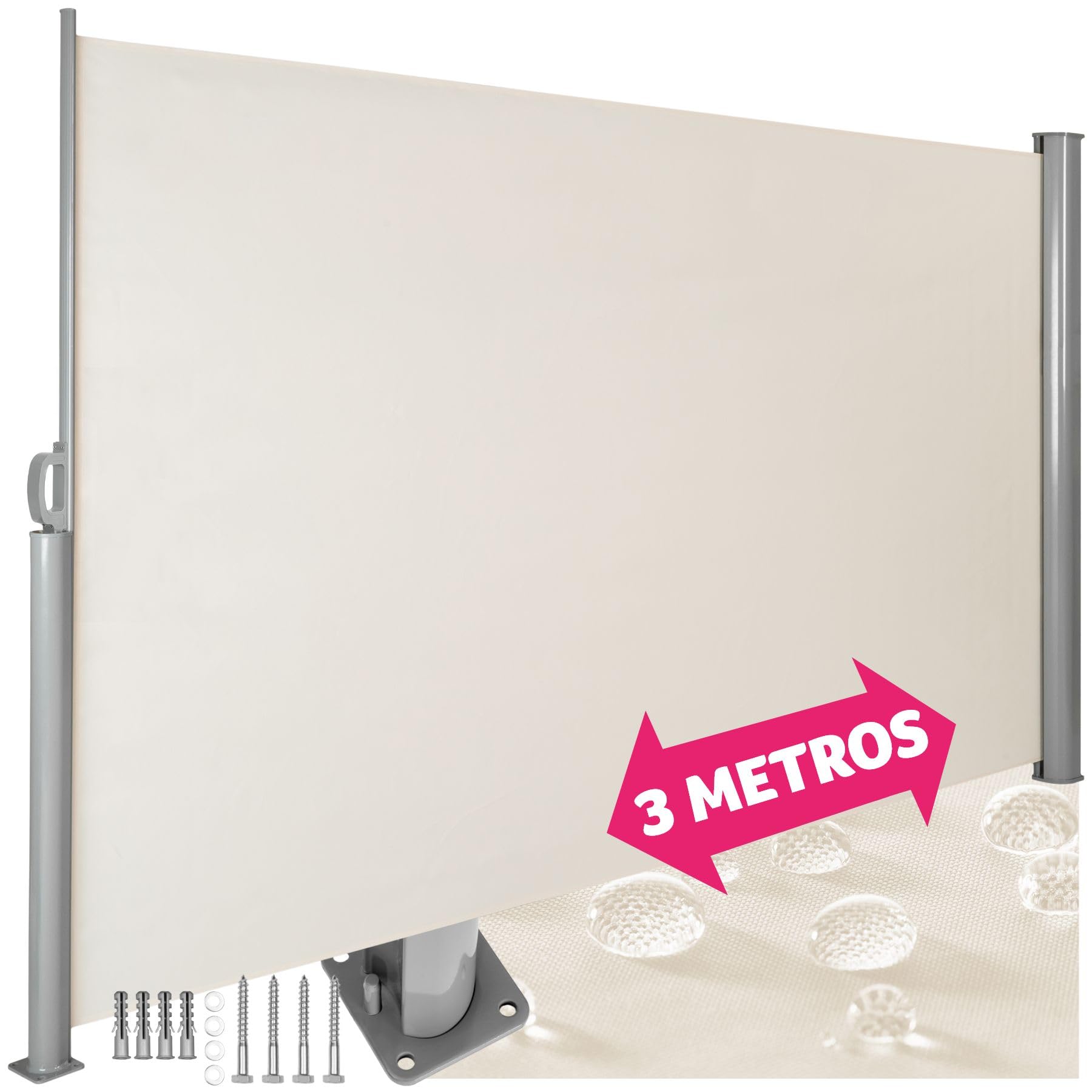 tectake® Toldo Lateral Retráctil, Separador de Ambientes Exterior, Tela Toldo Impermeable 240g/m², Protección Solar, Viento, Privacidad, Toldos Exterior Terraza, Biombo Exterior - 200x300cm Beige