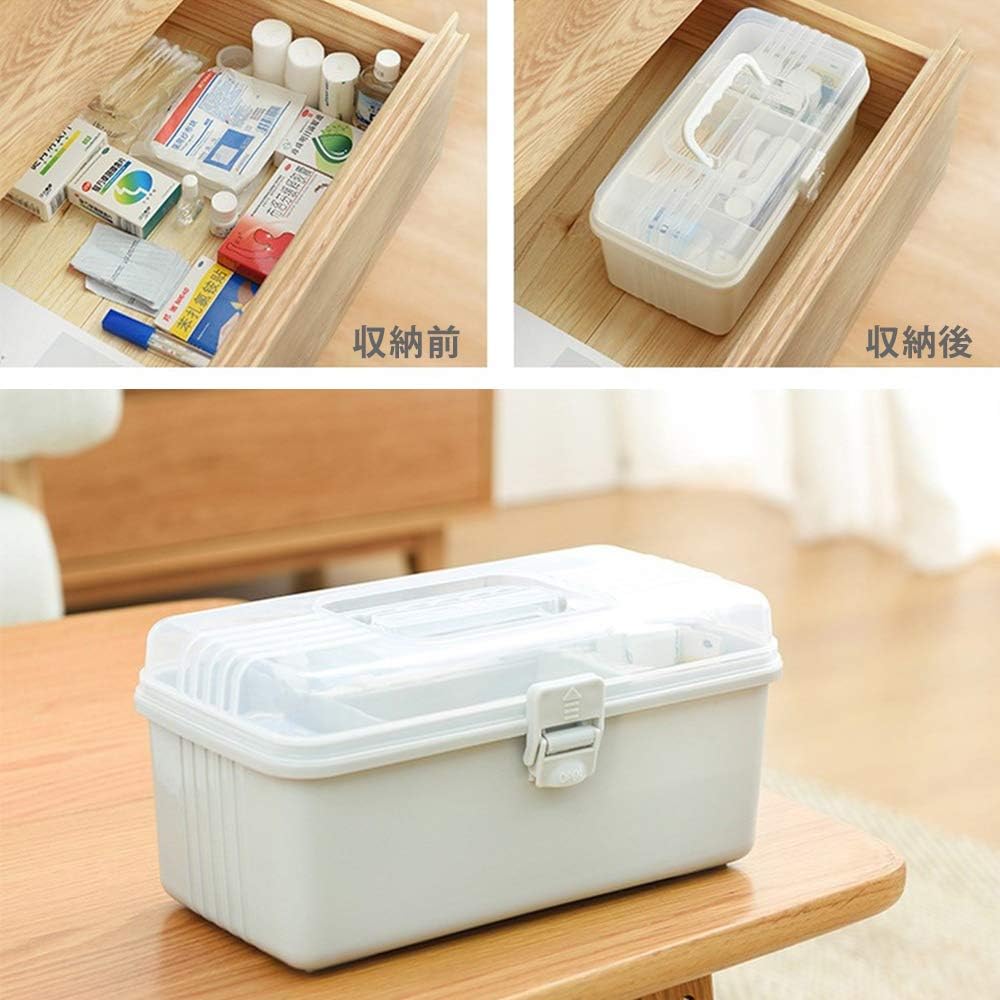 Amazon 救急箱 大容量 薬箱 収納箱 収納ボックス 応急ボックス 収納ケース 薬収納 2層 プラスチック 透明 おしゃれ 取っ手付き 携帯やすい 緊急 家庭 ファミリー 防災 薬入れ 小物入れ ホワイト Lifease 救急箱 救急セット